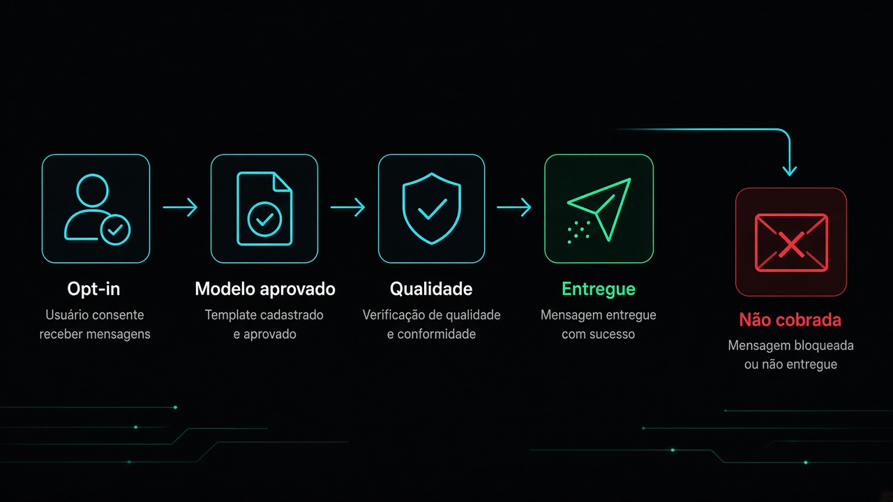 Fluxo: opt-in → modelo aprovado → qualidade → entregue (verde) vs. não cobrada (vermelho)