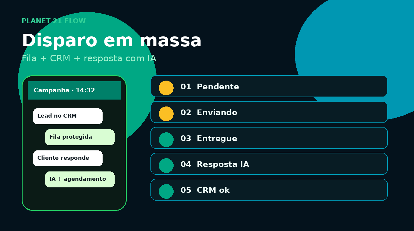 Disparo em massa no Planet 21 Flow: fila, CRM e resposta com IA — sem spam