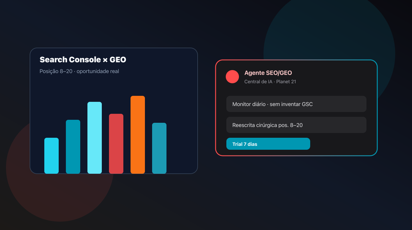 Agente SEO/GEO na Planet 21: Search Console, sondas e reescrita sem inventar dado